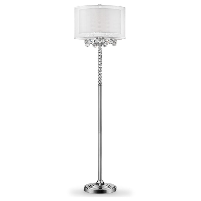 63" Silver Three Light Candelabra Floor Lamp With White Fabric Drum Shade