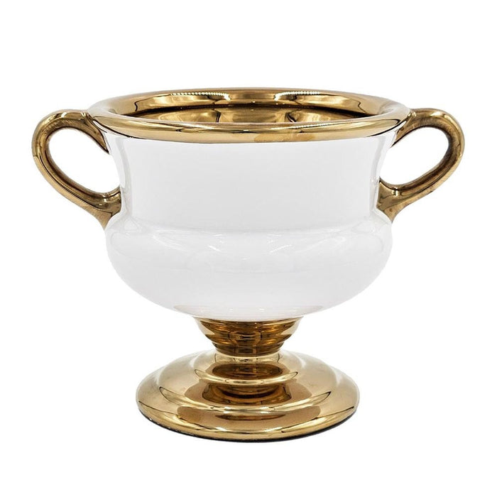 7" White And Gold Ceramic Amphora Urn