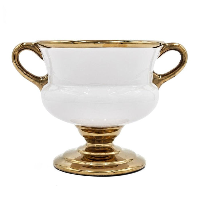 7" White And Gold Ceramic Amphora Urn