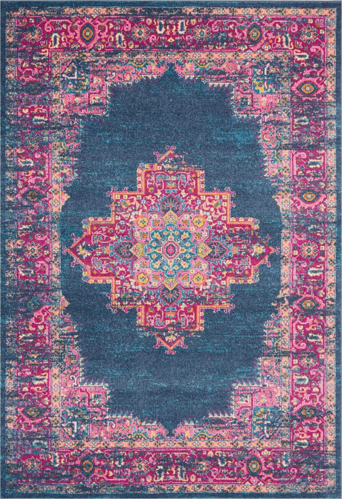 7' X 10' Blue And Pink Medallion Distressed Area Rug