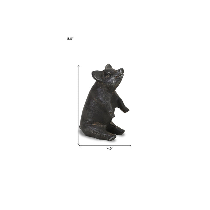 8" Black Metal Pig Hand Painted Figurine Tabletop Sculpture