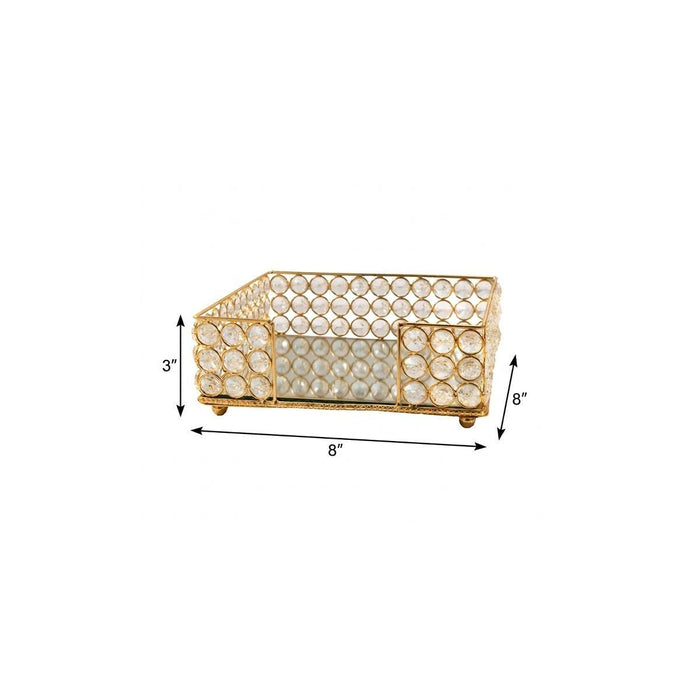 8" Gold Iron And Crystal Square Napkin Holder