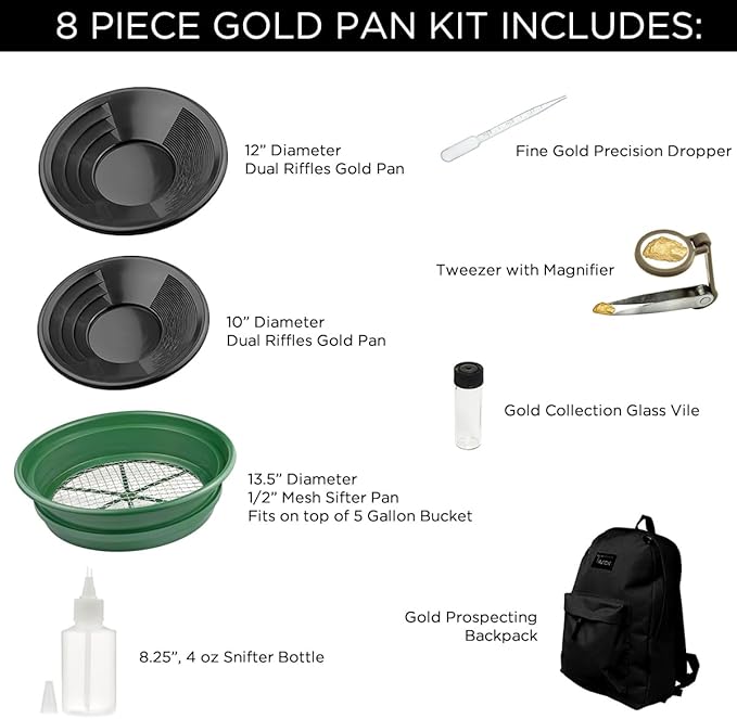 8 Piece Professional Gold Pan Kit with Backpack (Black)