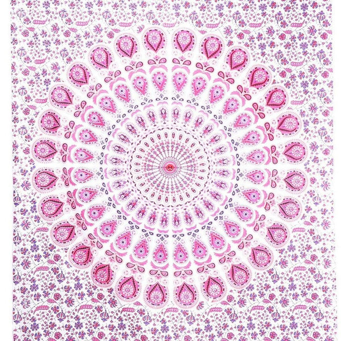 80" X 56" Pink And White Mandala Cotton Hanging Tapestry