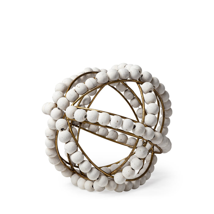 9" White And Gold Wooden Bead And Metal Orb Sculpture