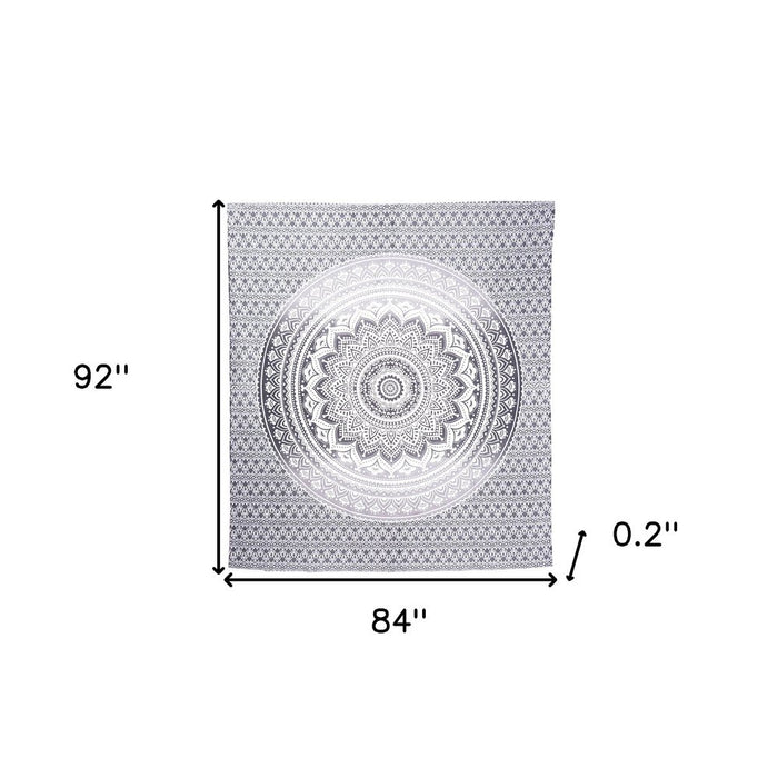 92" X 84" Gray And White Mandala Cotton Hanging Tapestry