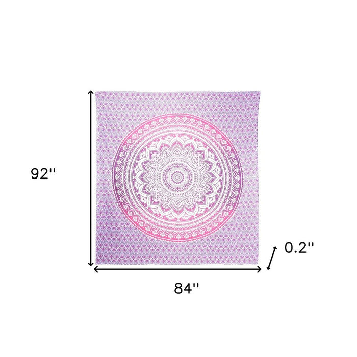 92" X 84" Pink And White Mandala Cotton Hanging Tapestry