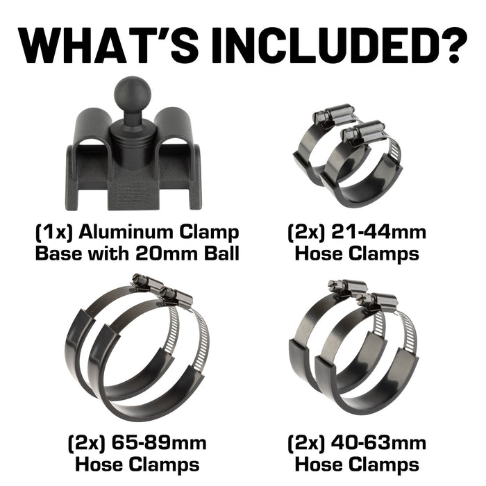 Adjustable Dual Hose Clamp Bar Mount with 20mm Ball - Fits Bars 1 to 3 inches Diameter