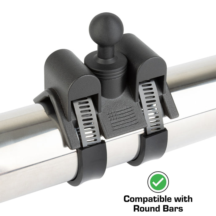 Adjustable Dual Hose Clamp Bar Mount with 20mm Ball - Fits Bars 1 to 3 inches Diameter