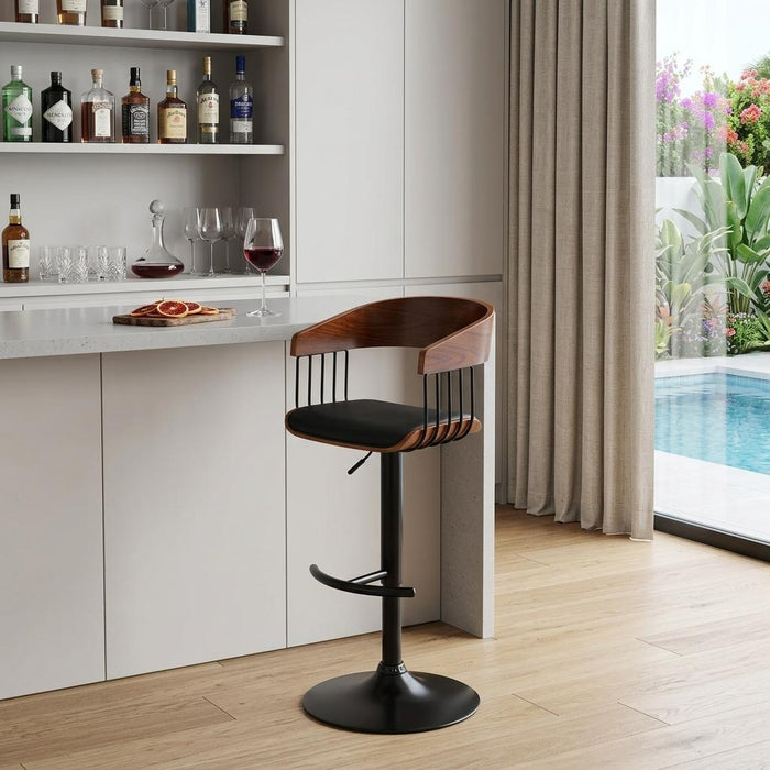 Black Faux Leather And Fabric And Metal Adjustable Height Swivel Bar Chair