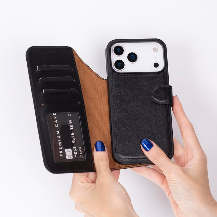 Carter Detachable Leather iPhone 18 Pro Max Wallet Case, Rustic Black - BlackBrook Case