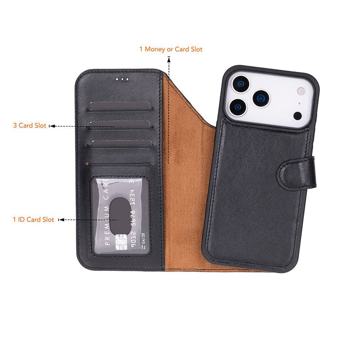 Carter Detachable Leather iPhone 18 Pro Max Wallet Case, Rustic Black - BlackBrook Case