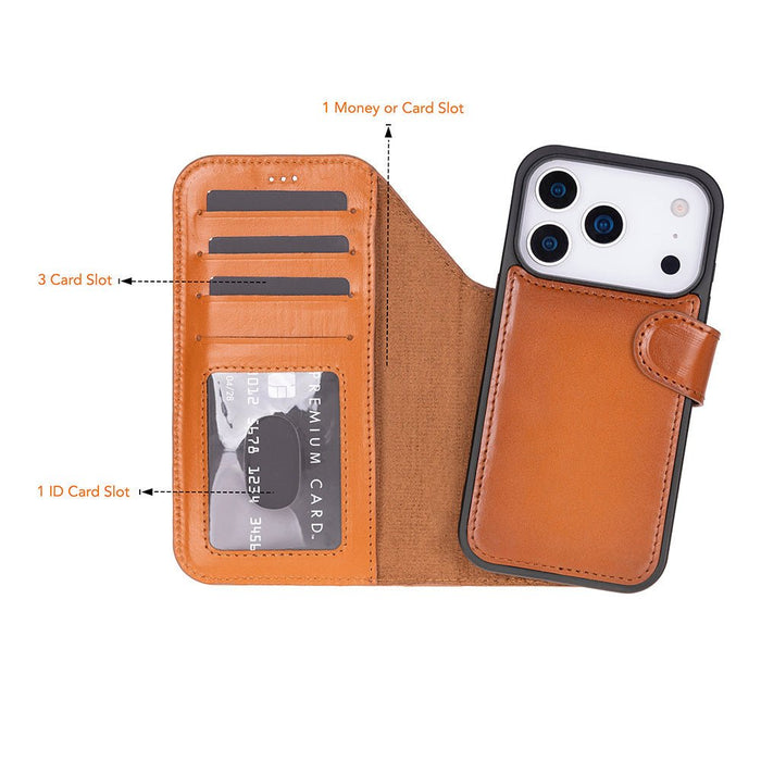 Carter Detachable Leather iPhone 18 Pro Wallet Case, Rustic Tan - BlackBrook Case