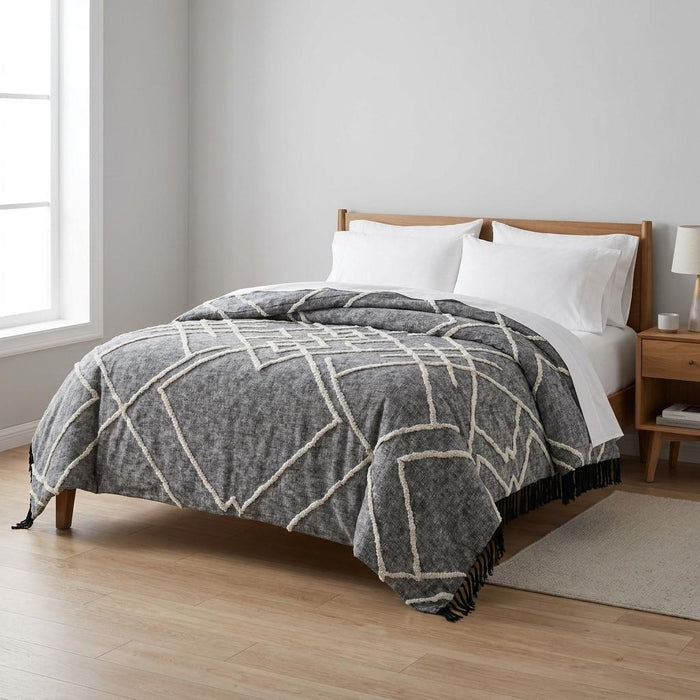 Charcoal and Off White Geometric King Cotton Coverlet With Fringe
