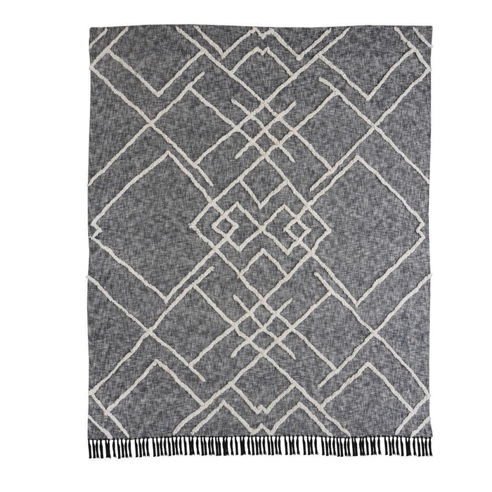 Charcoal and Off White Geometric King Cotton Coverlet With Fringe
