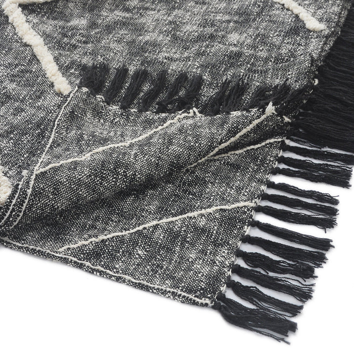 Charcoal and Off White Geometric King Cotton Coverlet With Fringe