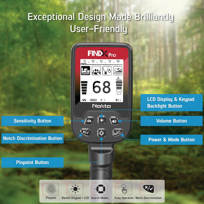 DEMO -Nokta FindX PRO WATERPROOF Metal Detector with Rechargeable Battery, Bag, Digger and Headphones