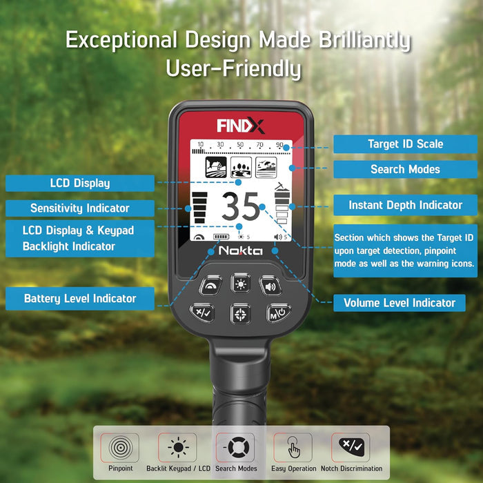 DEMO BOX - Nokta FindX Metal Detector with Rechargeable Battery, Bag, Digger and Headphones