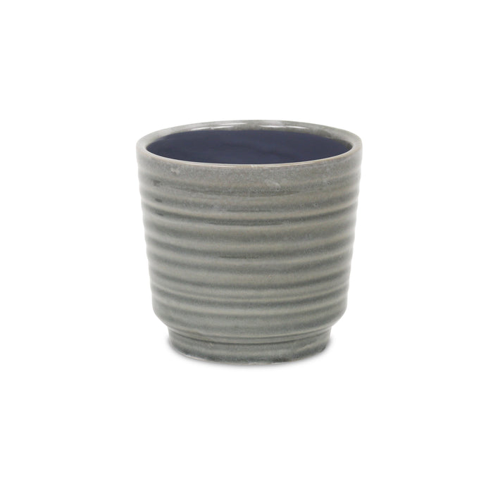 Gray Ceramic 23 Ounce Striped Round Distressed Pot Planter