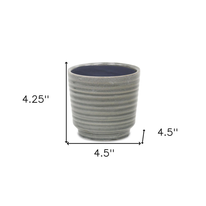 Gray Ceramic 23 Ounce Striped Round Distressed Pot Planter
