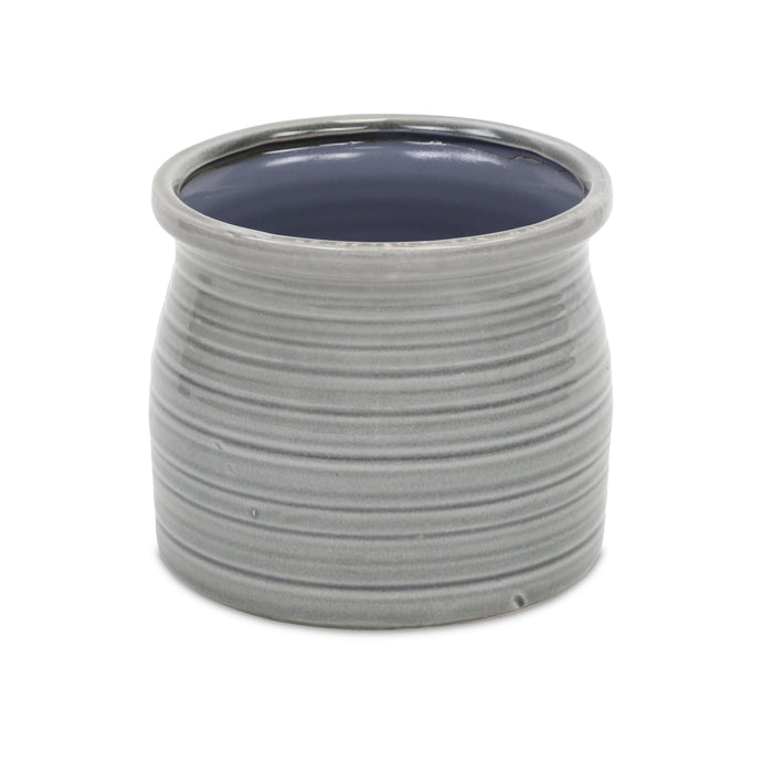 Gray Ceramic 51 Ounce Striped Round Distressed Pot Planter
