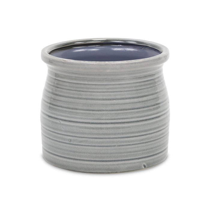 Gray Ceramic 51 Ounce Striped Round Distressed Pot Planter