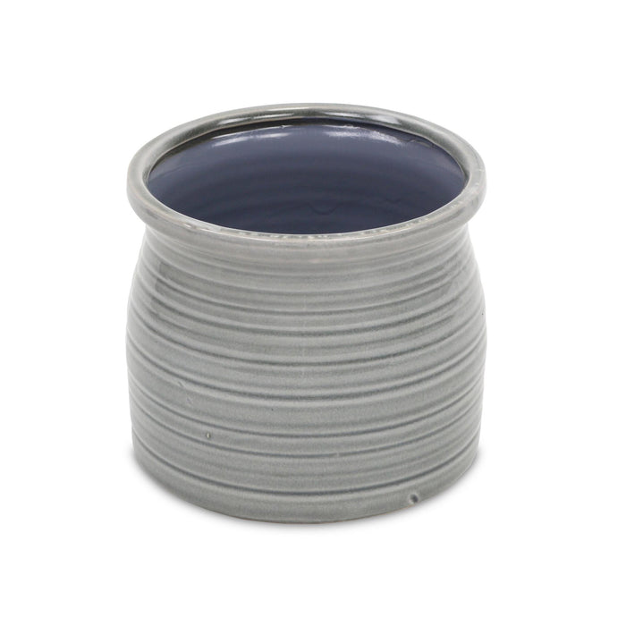 Gray Ceramic 51 Ounce Striped Round Distressed Pot Planter