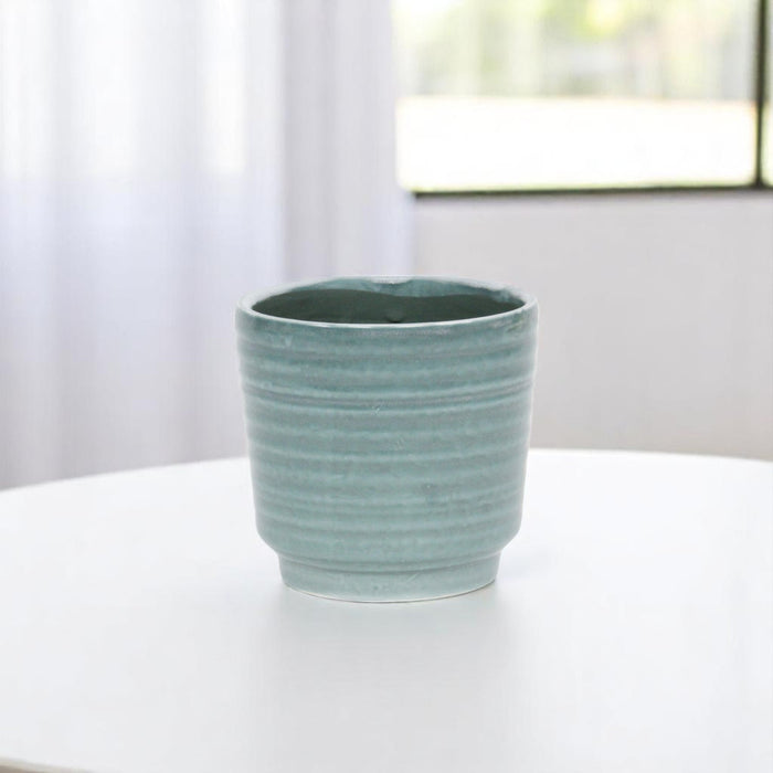 Green Ceramic 23 Ounce Striped Round Distressed Pot Planter