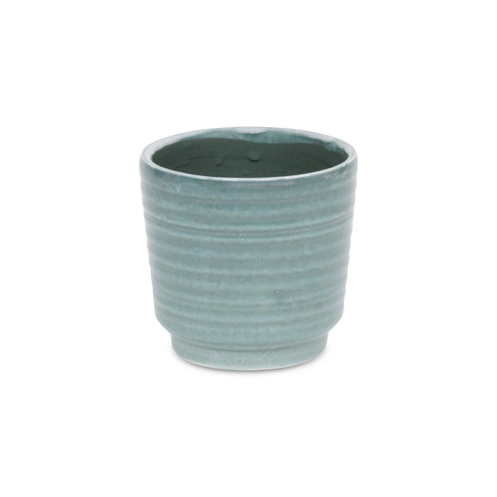 Green Ceramic 23 Ounce Striped Round Distressed Pot Planter