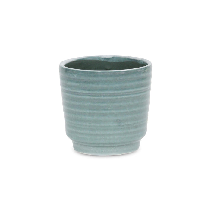 Green Ceramic 23 Ounce Striped Round Distressed Pot Planter