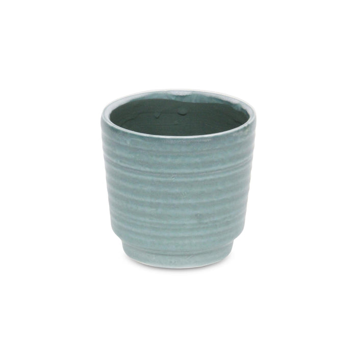 Green Ceramic 23 Ounce Striped Round Distressed Pot Planter