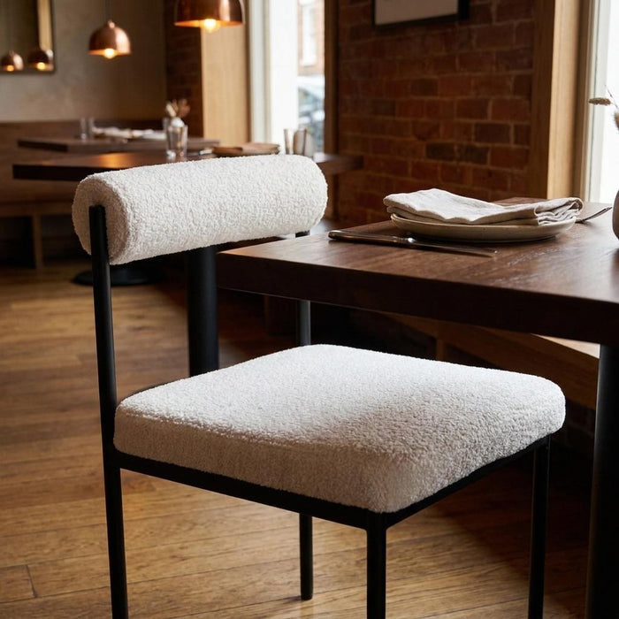 Ivory And Black Faux Shearling And Wood And Steel Open Back Dining Side Chair