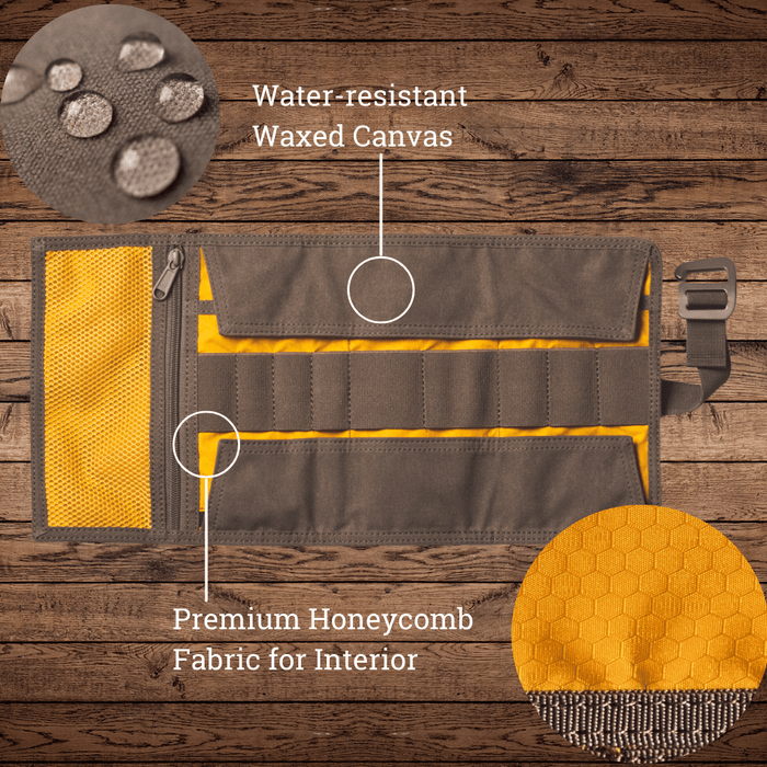 Lochby Tool Roll in brown showing yellow interior and features