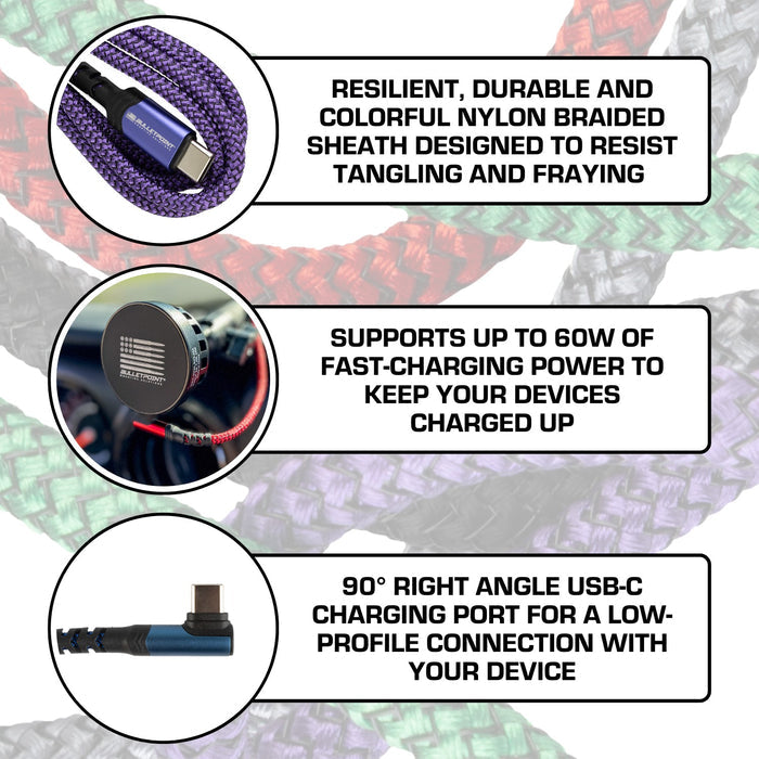 Nylon Braided USB-C Charging Cable with Right-Angle Port 3.3 Feet / 1 Meter - Multiple Colors