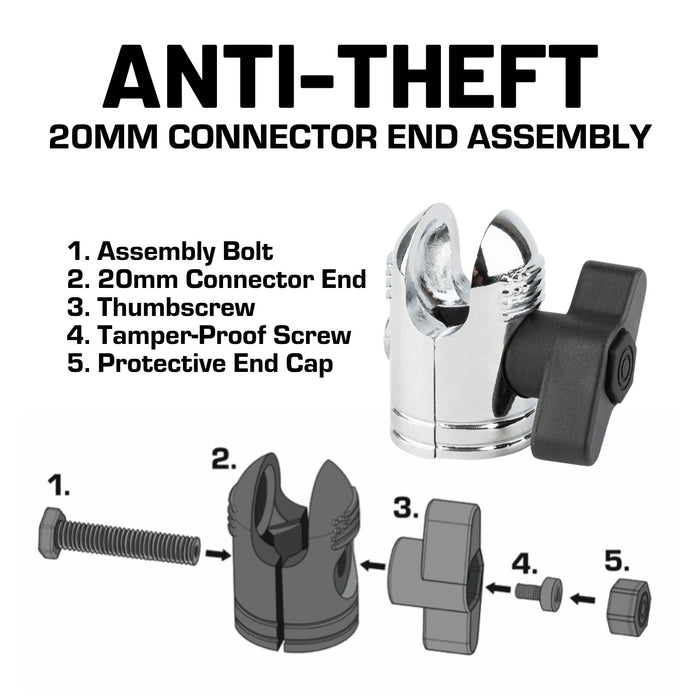 Pair of Chrome Anti-Theft 20mm Connector Ends - Tamper-Proof Security for Device Holders