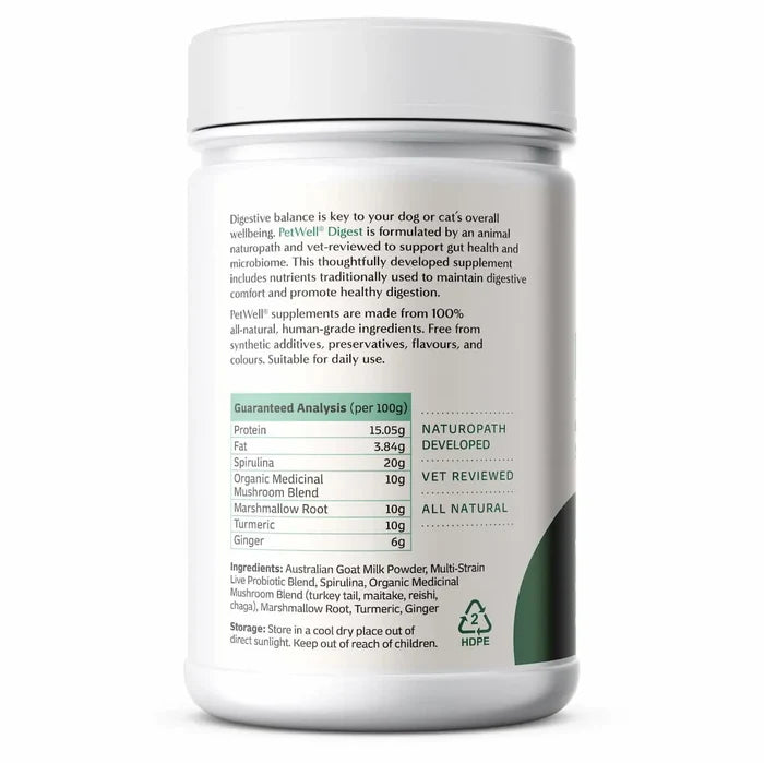 PetWell Digest Natural Pet Digestion Supplement for Dogs and Cats 125g