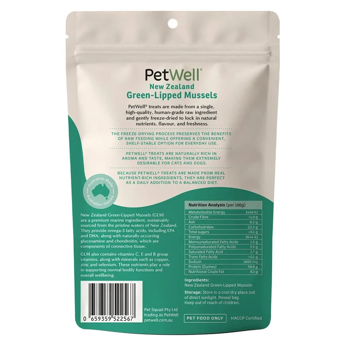 PetWell Freeze Dried New Zealand Green Lipped Mussels Treats for Dogs and Cats 50g