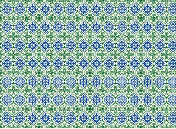 This Rossi 1931 Decorative Letterpress Paper features a repeating pattern of blue and green medallions.