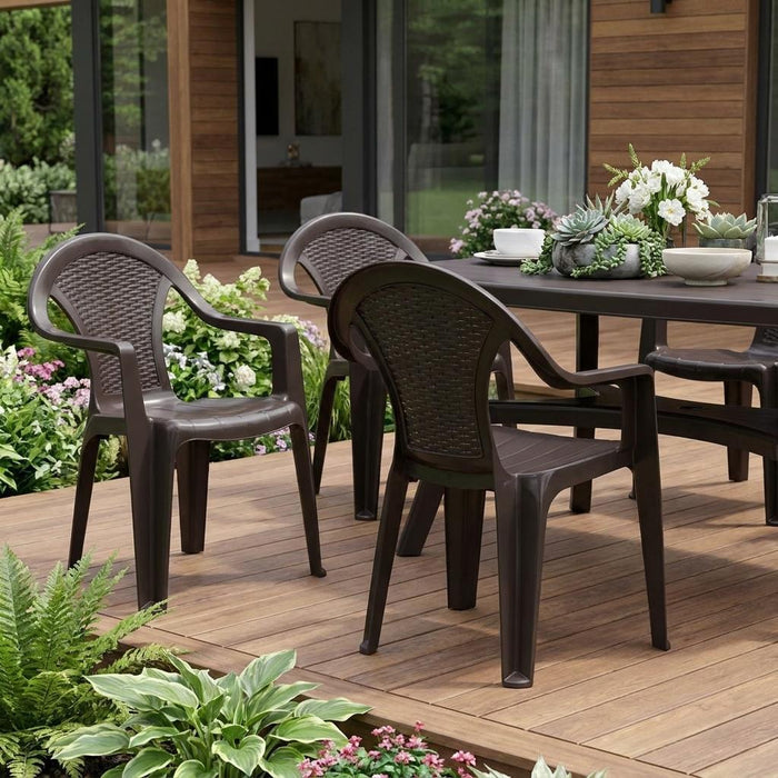 Set of Four Espresso Textured Heavy Duty Plastic Outdoor Stacking Arm Chairs