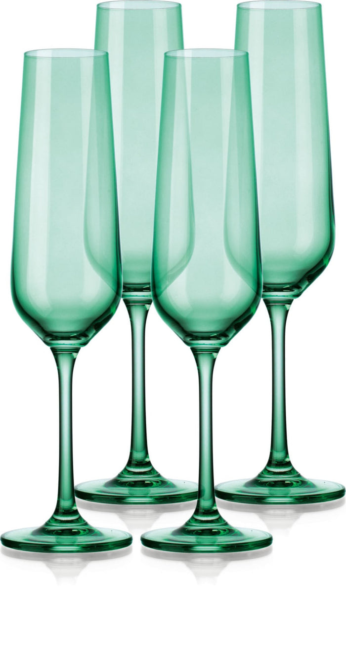 Set of Four Green Crystal Narrowing Shape Stemmed Flute