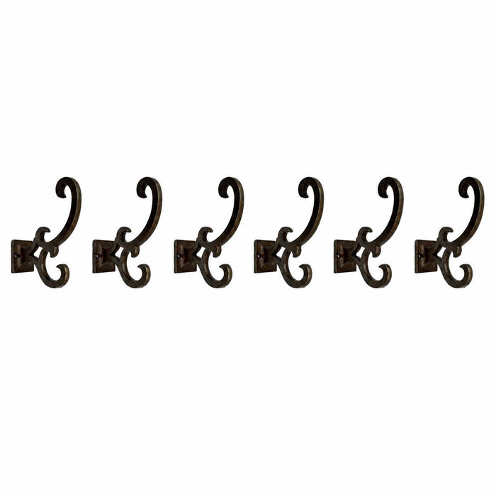 Set of Six Antiqued Bronze Cast Iron Scroll Wall Hooks
