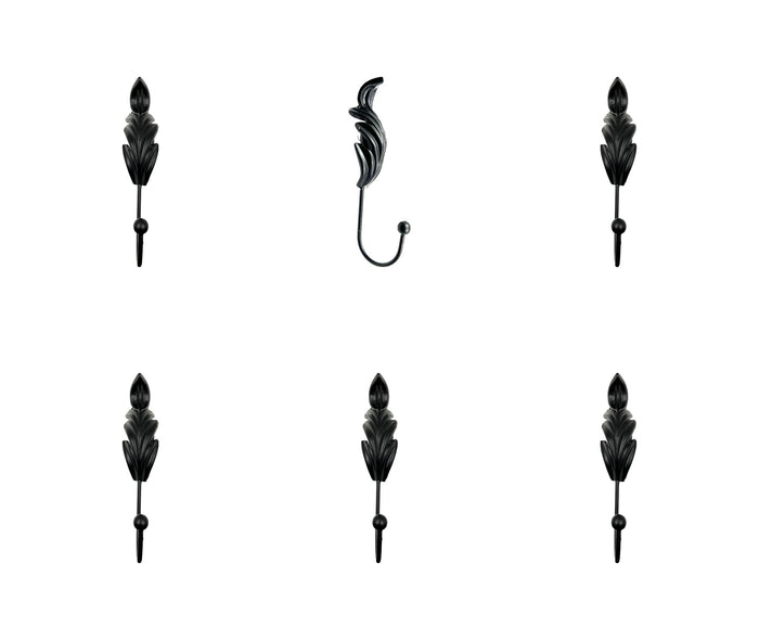 Set of Six Black Steel Feather Wall Hooks