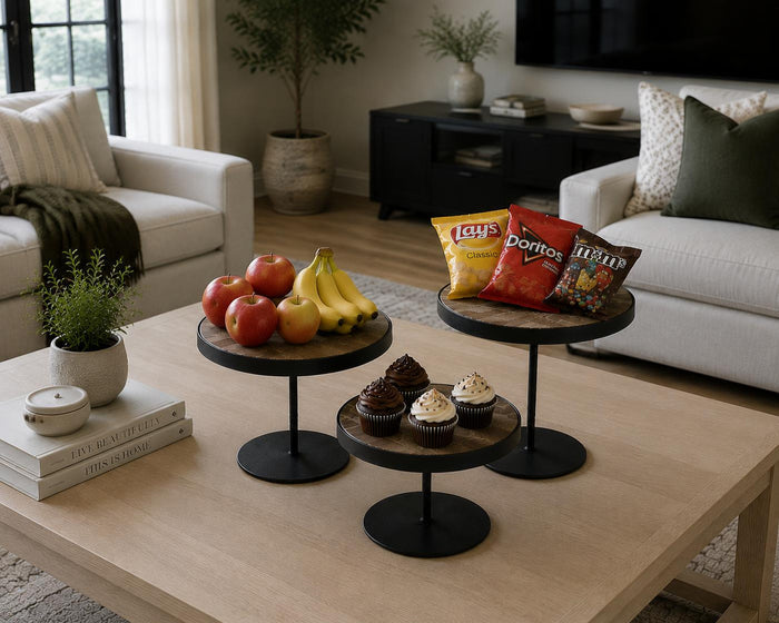 Set of Three Black And Light Brown Iron And Solid Wood Round Risers