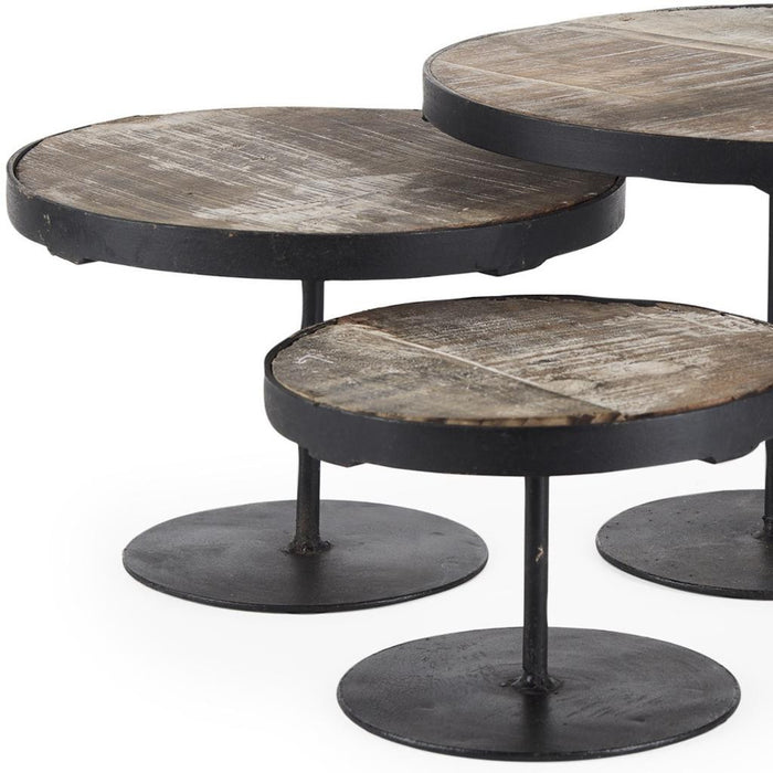 Set of Three Black And Light Brown Iron And Solid Wood Round Risers