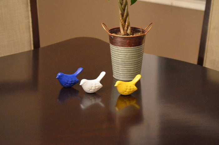 Set of Three Blue And Yellow Metal Bird Tabletop Sculpture