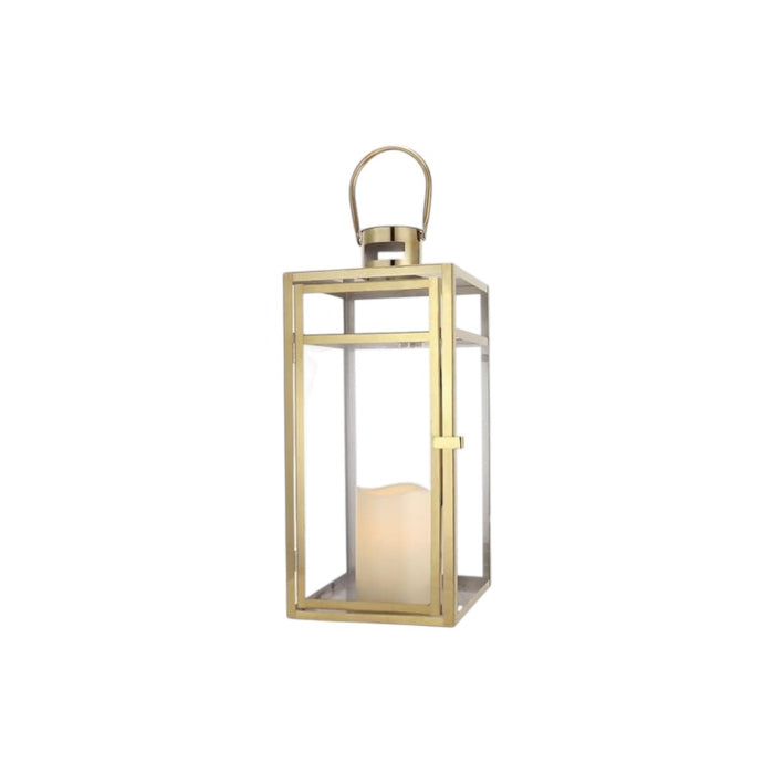Set of Three Clear And Gold Glass And Stainless Steel Tabletop Lantern Candle Holders