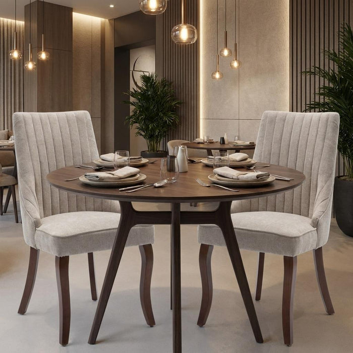 Set of Two Beige And Brown Tufted Velvet And Solid Wood Dining Side Chairs