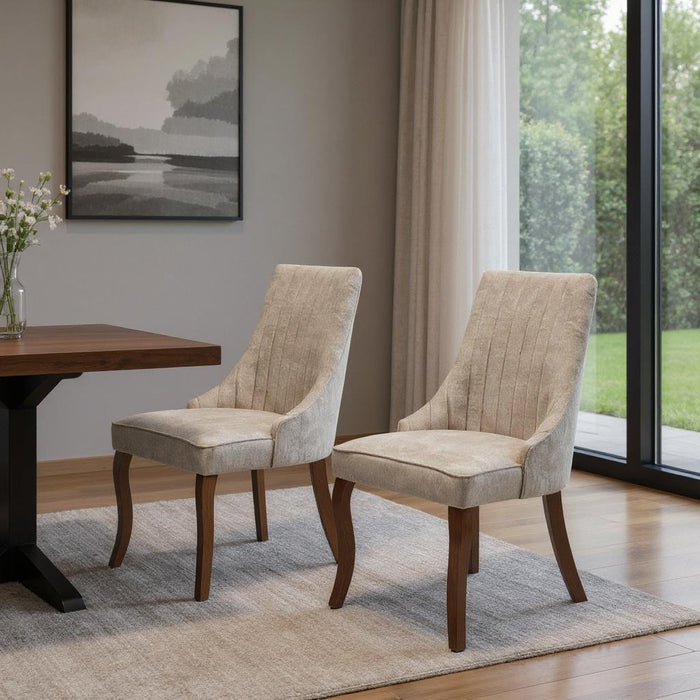 Set of Two Beige And Brown Tufted Velvet And Solid Wood Dining Side Chairs