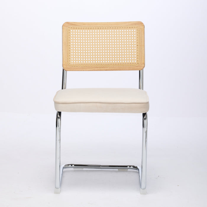 Set of Two Beige Natural And Silver Velvet Rattan And Stainless Steel Dining Chairs
