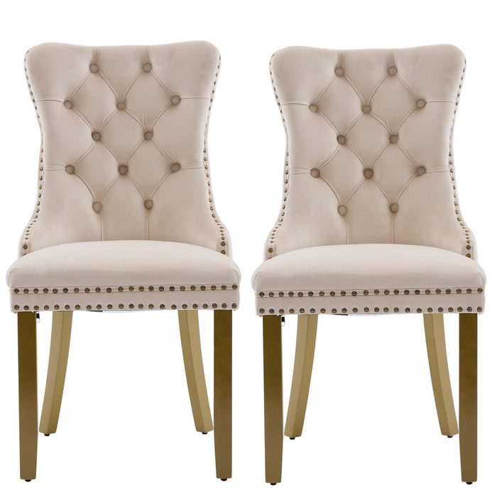 Set of Two Beige White And Gold Tufted Velvet And Solid Wood Dining Side Chairs